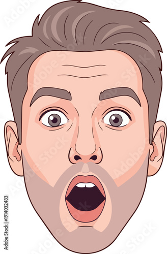 A cartoon man with a shocked expression, mouth agape and eyes wide, conveying surprise from a close-up, front-view perspective.