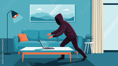 Cyber criminal wearing hoodie attempting to steal personal data from laptop in dark living room for cybercrime.