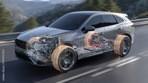 Innovative car design showcasing engine, electric battery and transmission with mountain road backdrop highlighting engineering excellence