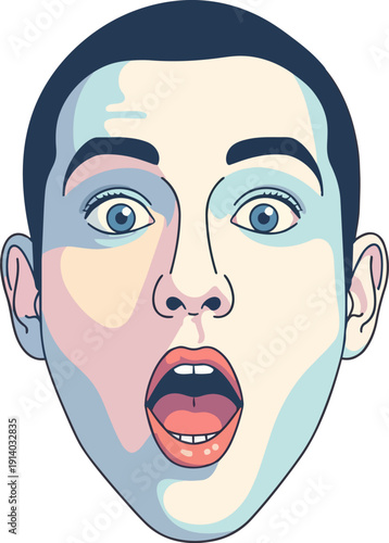 A shocked male face with an open mouth and wide eyes, depicted in a colorful illustration from a close-up front viewpoint