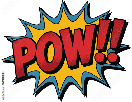 Dynamic POW exclamation text inside a vibrant yellow and blue comic book style explosion graphic