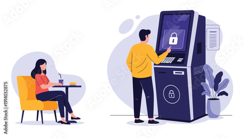 Young man using outdoor bank atm machine for cash transaction while young woman sits at nearby cafe table in background.