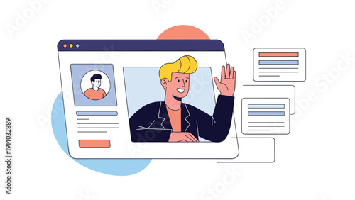 Interface of video conference call with friendly young man waving his hand from laptop screen during online meeting.