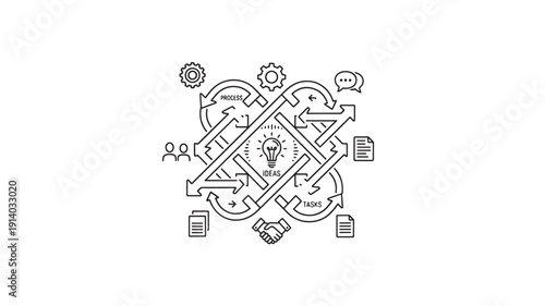 Business process flowchart with gears and lightbulb idea concept for teamwork and innovation in project management