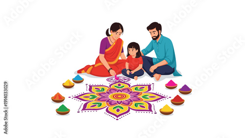 Happy indian family with parents and daughter creating colorful rangoli on floor for diwali festival celebration.