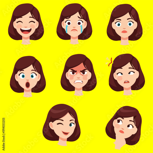 Collection of cartoon woman's facial expressions showcasing various emotions on bright yellow background from direct viewpoint