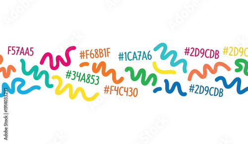 Colorful abstract pattern with wavy lines and hex codes, vibrant and modern design element for creative projects