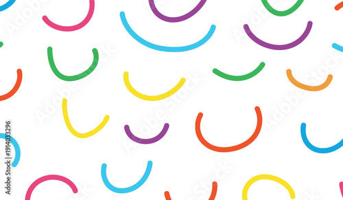 Abstract background with colorful curved lines on white, cheerful and bright repeating pattern for kids' design and festive occasions