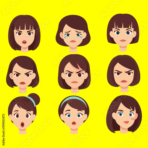 Nine different facial expressions of a cartoon woman with various emotions displayed in a 3x3 grid