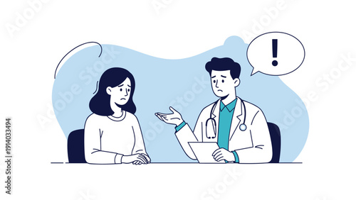 Compassionate male doctor in a white coat explains a difficult medical diagnosis to a concerned female patient in a clinical setting.