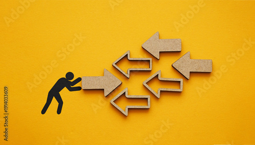 Photos Opposing Direction Concept and Business Resistance, Individual Pushing Wooden Ar