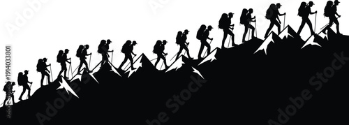 Large Group Of Black Silhouettes Of Hikers And Mountaineers With Backpacks And Trekking Poles Climbing A Steep Mountain Ridge For Outdoor Adventure Teamwork Expedition Or Wilderness Travel 