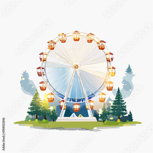Enchanting illuminated Ferris wheel glowing brightly at a vibrant amusement park, a classic attraction