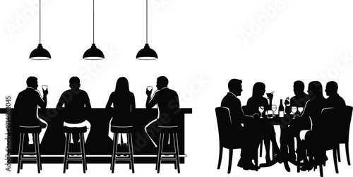 Set Of Black Silhouettes Featuring People Drinking At A Bar Counter On High Stools And A Group Of Friends Dining Together At A Restaurant Table For Hospitality Nightlife Social 