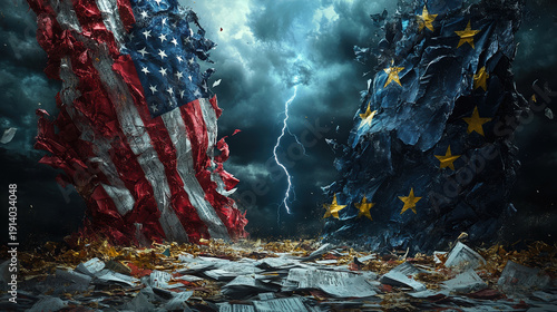 Dramatic representation of usa and eu trade conflict with torn flags and lightning symbolizing tariff dispute