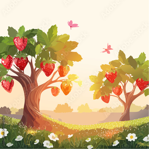 Vibrant Strawberry Orchard Landscape with Lush Greenery and Blooming Wildflowers at Sunset