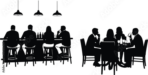 Set Of Black Silhouettes Featuring People Sitting At A Bar Counter On Stools And A Group Dining At A Restaurant Table For Hospitality Nightlife Social Gathering Business Lunch Or Catering Concept