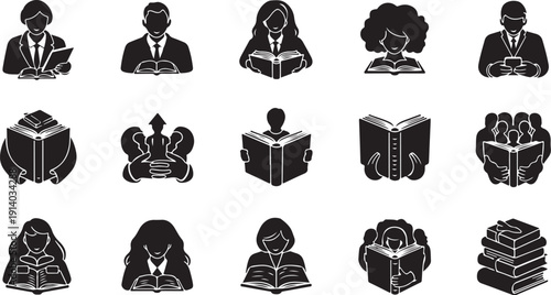 Black and white icons of people reading books together