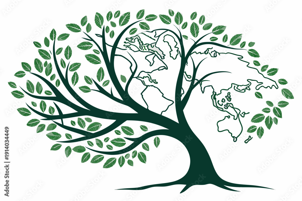 Fototapeta premium A vector graphic illustration of a tree with green leaves and a world map in the background