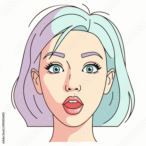 Illustration of a young woman with pastel hair and expressive facial features viewed from the front