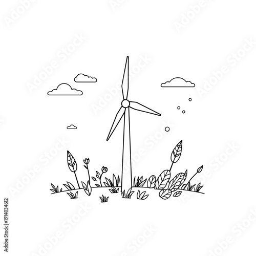 Wind turbine illustration with clouds and plants