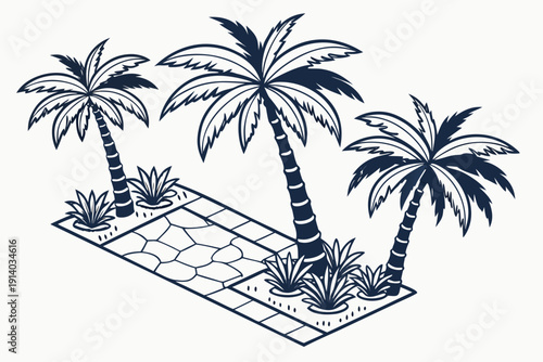 A minimalist vector illustration of palm trees on a stone patio with a white background