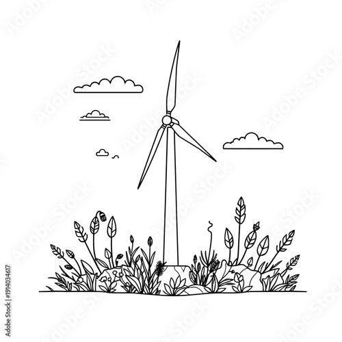 Wind Turbine Illustration with Floral Landscape