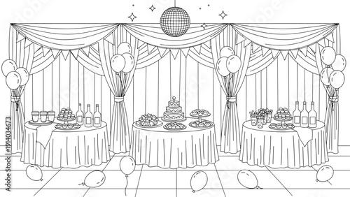 Detailed line art illustration for a coloring book depicting a festive party room with dessert tables, balloons, and decorative banners.