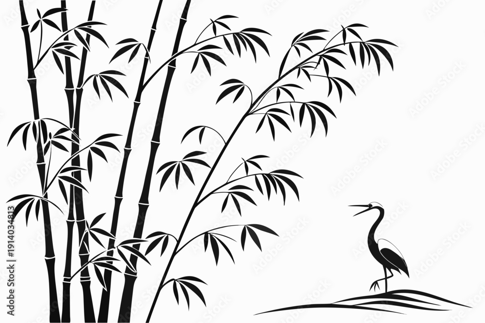 Obraz premium A minimalist black and white vector illustration of a heron standing near bamboo stalks on a plain background