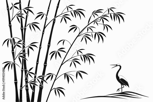 A minimalist black and white vector illustration of a heron standing near bamboo stalks on a plain background