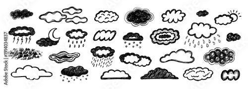 Diverse collection of hand-drawn cloud illustrations with visible pencil textures and grainy edges. Features sketches of rainy, snowy, and stormy clouds with weather elements in doodle style