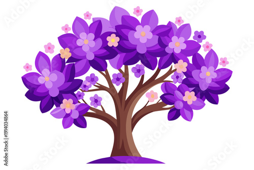 A vibrant purple tree with flowers and leaves on a white background, illustration, clipart, vector graphic