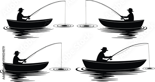 Black vector silhouette set of a fisherman sitting in a rowboat and catching fish with a rod for outdoor hobby lake recreation and leisure branding,