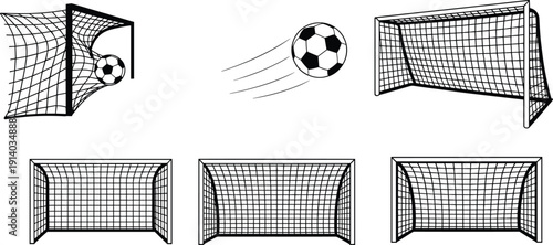 Black vector illustration set of soccer goal nets and flying football with motion trails for sports competition branding club league training and tournament designs