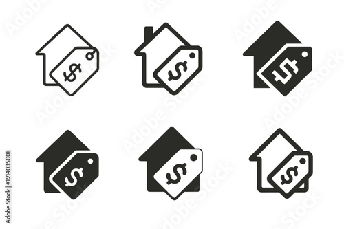 Budget-Friendly Decor Icons. Home decor on a budget. Icon set. Set Logo of Home decor on a budget: coupon price tag. harmonious logo variations of the same