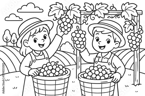 Grape Harvest Coloring. harvesting grapes children?s coloring book illustration, outlined drawing, happy farmers picking grapes in a vineyard, educational