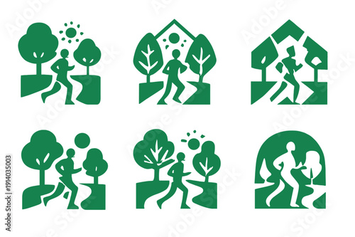 Morning Jog Logos. A person jogging in the park during the early morning, surrounded by nature. Icon set. Set Logo of a person jogging in the park during the