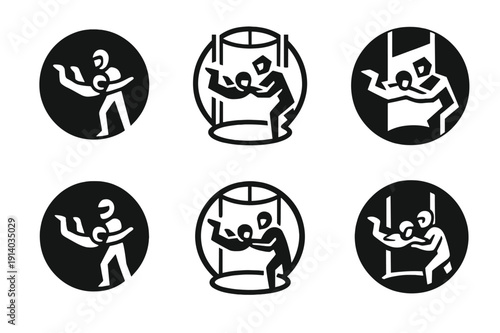 Indoor Skydiving Icons. Indoor skydiving in specialized wind tunnels. Icon set. Set Logo of Indoor skydiving in specialized wind tunnels: instructor guiding