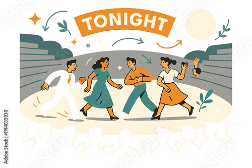 Moonlit Amphitheater Performance. Open-Air Amphitheater Performance. Actors stride across a semicircular stage; moonlight washes the stone tiers as ?Tonight?