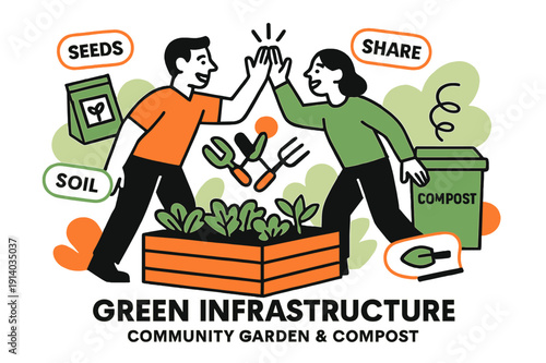 Vibrant Urban Garden Cheers. Green infrastructure ? Community garden & compost. Neighbors high-five over raised beds; a compost bin emits tidy swirl lines.
