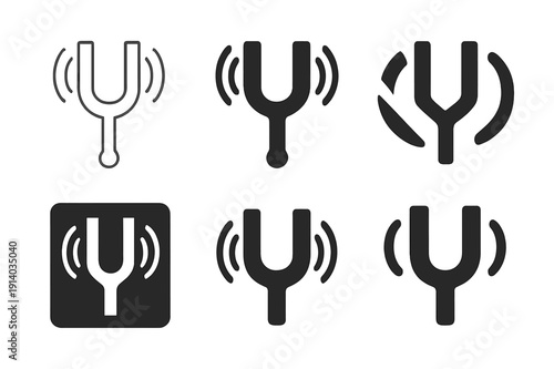 Sound Creation Icons. How sound is made. Icon set. Set Logo of How sound is made: vibrating tuning fork. harmonious logo variations of the same emblematic