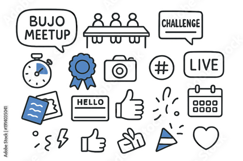 Bujo Meetup Doodles. // Bujo meetup & challenges. Hand-drawn doodle illustration Bujo meetup & challenges [group chat bubble (accented), workshop table