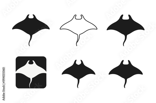 Marine Life Icon Set. Underwater exploration and marine life. Icon set. Set Logo of Underwater exploration and marine life: manta ray gliding. harmonious logo