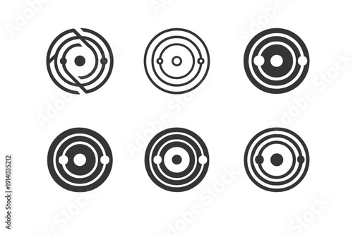 Asteroid Belt Logos. Asteroid belt studies. Icon set. Set Logo of Asteroid belt studies: orbital resonance rings with Kirkwood gaps. harmonious logo variations
