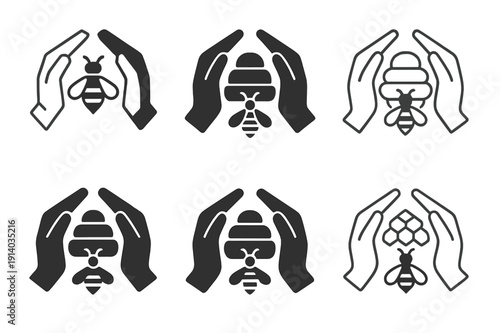 Bee Conservation Logos. Bee conservation initiatives. Icon set. Set Logo of bee conservation initiatives: community hands forming a hive shape. harmonious logo