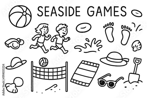 Seaside Activity Doodles. Seaside games. Hand-drawn doodle illustration seaside games beach ball, frisbee, volleyball net, running kids, footprints, wave