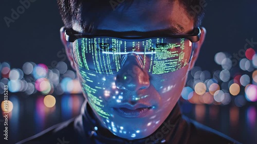 Asian male wearing smart glasses displays digital data on his face against a blurred city skyline at night, showcasing a futuristic technology theme