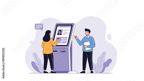 Two people interact with a large touchscreen digital information kiosk to find directions or access services in a public space.