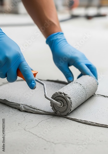 Protective Floor Coating Application, worker using roller, floor insulation