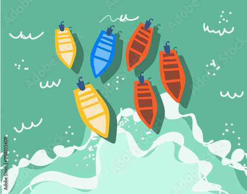Boats top view. Small river boats, gondolas, kayaks or motorboats. Hand-drawn vector illustration.